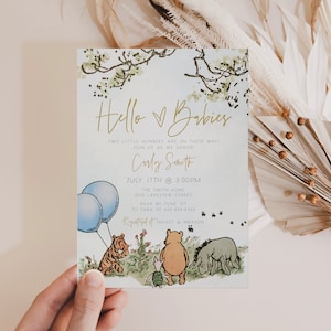Editable, Twin Baby Shower Invitation, Classic Winnie The Pooh Invitation Twins, Winnie the Pooh Baby Shower invitations, Twin Boys, a70