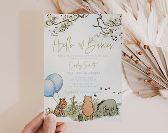 Editable, Twin Baby Shower Invitation, Classic Winnie The Pooh Invitation Twins, Winnie the Pooh Baby Shower invitations, Twin Boys, a70