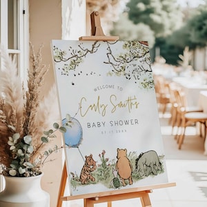 Letrero de bienvenida editable para baby shower, póster clásico de bienvenida de Winnie the Pooh, Winnie the Pooh niño, editar texto, plantilla de Canva, a70