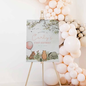 Editable Birthday Welcome Sign Girl, Classic Winnie The Pooh Welcome Poster, Winnie the Pooh Pink Balloon,Edit all Text, Canva Template,a70g