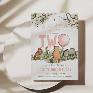 Second Birthday Invitation Printable, Winnie the Pooh Birthday Invite Girl, Classic Winnie the Pooh 2nd Birthday,Digital Evite, Canva a70g
