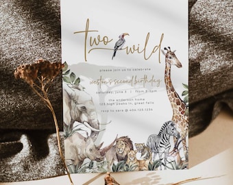 Editable Two Wild Safari Birthday Invitation Boy, Jungle Animal 2nd Birthday Invite Boho Second Birthday invite template, Canva File, HP008