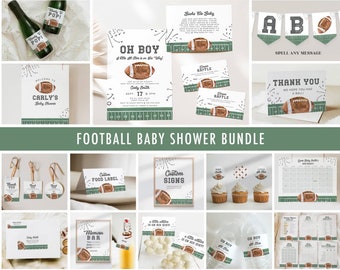 Football Baby Shower Invitation Bundle Printables, Large Baby Shower Editable Decor Set, A little all star is on his way, Canva File, a98