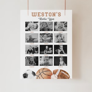 Letrero fotográfico mensual, póster imprimible con foto del primer año, póster del primer cumpleaños de niño con temática multideportiva, canva a121