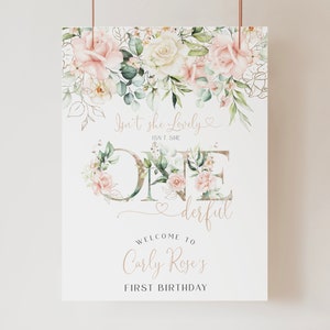 First Birthday Welcome Sign, Isn't She Lovely Isn't She Onederful, Onderful 1st birthday Girl, Pink Flowers Gold Accents, a83