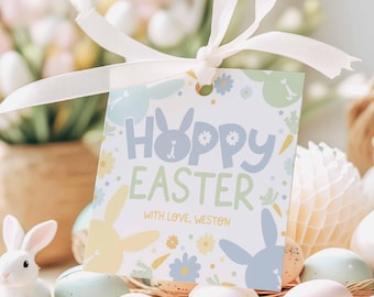 Editable Happy Easter Tag Template, Easter Bunny Cookie, Blue Pastel HOPPY EASTER bunny carrots, Printable Treat Labels, Edit in Canva, e001