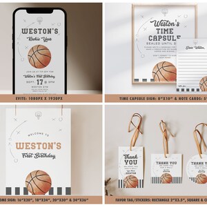 May include: A set of printable party decorations for a basketball-themed first birthday party. The set includes an Evite invitation, a welcome sign, a time capsule sign, note cards, and favor tags. The decorations feature a basketball with a brown and orange design and black and white stripes.
