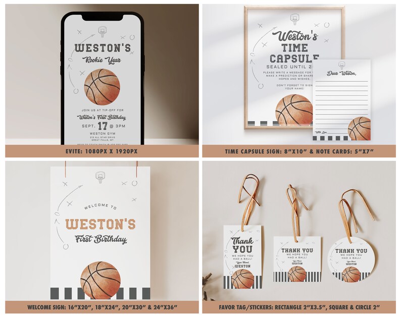 May include: A set of printable party decorations for a basketball-themed first birthday party. The set includes an Evite invitation, a welcome sign, a time capsule sign, note cards, and favor tags. The decorations feature a basketball with a brown and orange design and black and white stripes.
