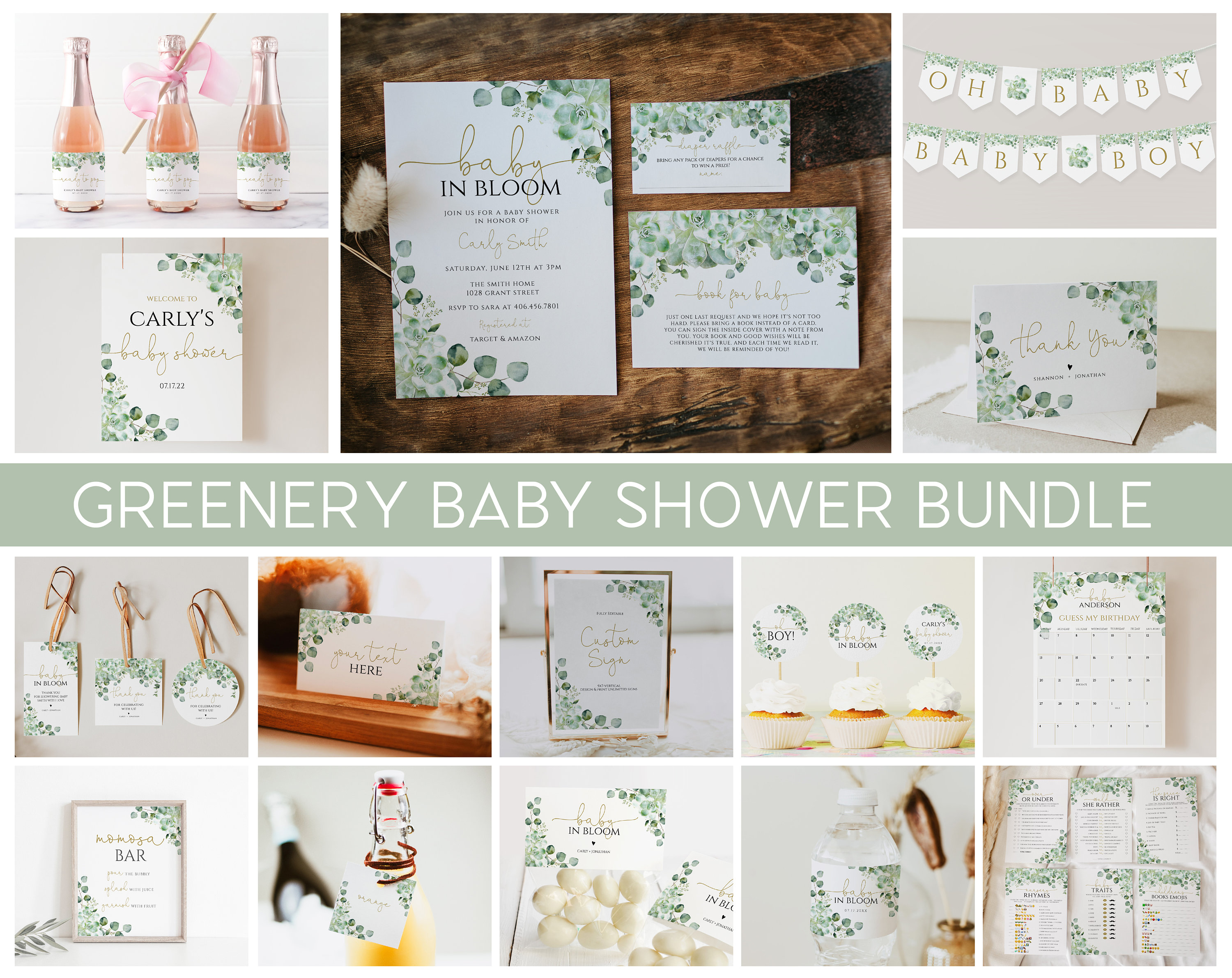 Greenery Baby Shower Invitation BundleSucculent Baby Shower Printable SetDIY Baby In Bloom Baby Shower Big BundleEucalyptus