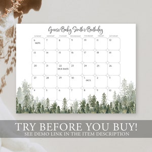 Pu&ograve; includere: Un calendario stampabile con un tema boschivo. Il calendario &egrave; per indovinare la data di nascita di un bambino. Il testo sul calendario dice "Indovina il compleanno del bambino Smith".