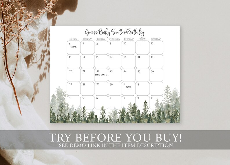 Pu&ograve; includere: Un calendario stampabile con un tema boschivo. Il calendario &egrave; per indovinare la data di nascita di un bambino. Il testo sul calendario dice "Indovina il compleanno del bambino Smith".