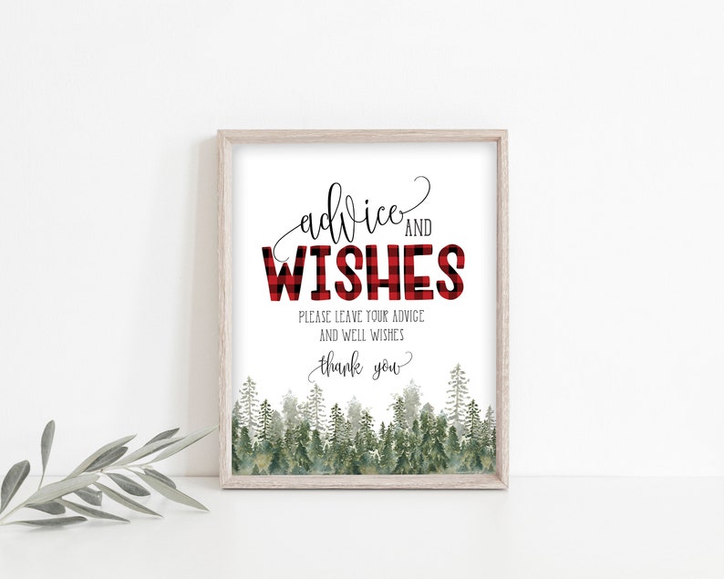 Advice and Wishes Sign and Matching Note Card, Wishes for Mom, Rustic Pine Shower, Buffalo Check,Woodland Baby Shower, Instant Download, A01 image 2