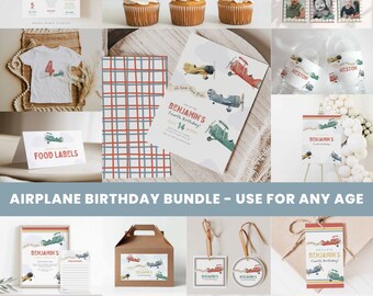 May include: Airplane themed birthday party printable bundle with a variety of items including invitations, food labels, cupcake toppers, favor tags, a banner, and signage. The bundle is customizable with the name "Benjamin's" and the age "4".