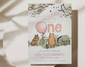 Winnie the Pooh Birthday Invitation Girl, Classic Winnie the Pooh First Birthday Invite, Digital Evite,Girl First Birthday Digital File,a70g
