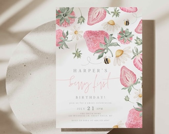 Berry First Birthday Invitation Girl, Strawberry and Bee 1st birthday party invite, Light Pink Berry Sweet bee and flower Canva File a75