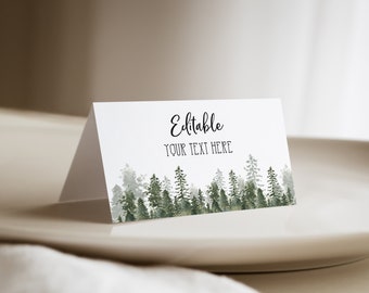 Woodland Food Tent Template, Flat food label card,Pine Tree Wedding Name Seating Card, Editable Place Card, 100% Editable Text,Download,P14