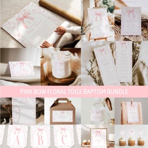 Pink Bow Baptism Printable Bundle, French Floral Toile, Vintage Elegant Chinoiserie, Canva Files, HPS47p