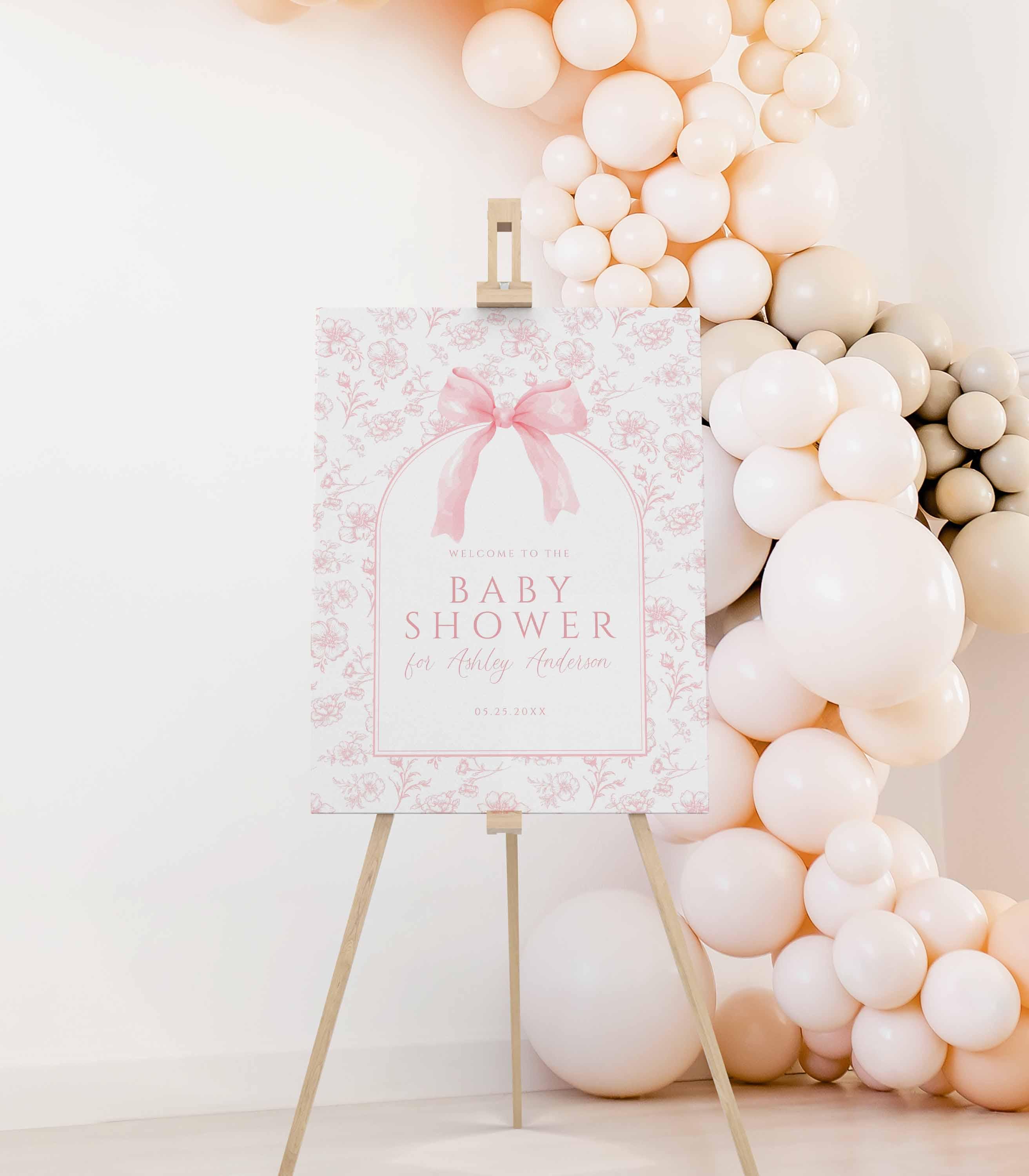Pink Bow Floral Toile Baby Shower Welcome Sign Printable,elegant ...