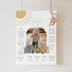 Foto Geburtstag Meilenstein Poster,Wild One Boho Dschungel Tier Party,Safari 1. Geburtstag Geburtstag Stat Poster,Babys erstes Jahr Bordschild a89b
