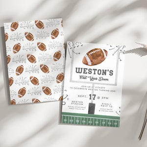 May include: A football-themed first birthday party invitation with a brown football illustration and the text "WESTON'S First Year Down". The invitation includes details about the party, including the date, time, and location.