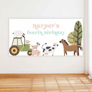 May include: A white banner with a farm animal theme. The banner features a green tractor, a sheep, a goat, a pig, a cow, and a brown horse. The text "harper's fourth birthday" is written in pink and light blue.