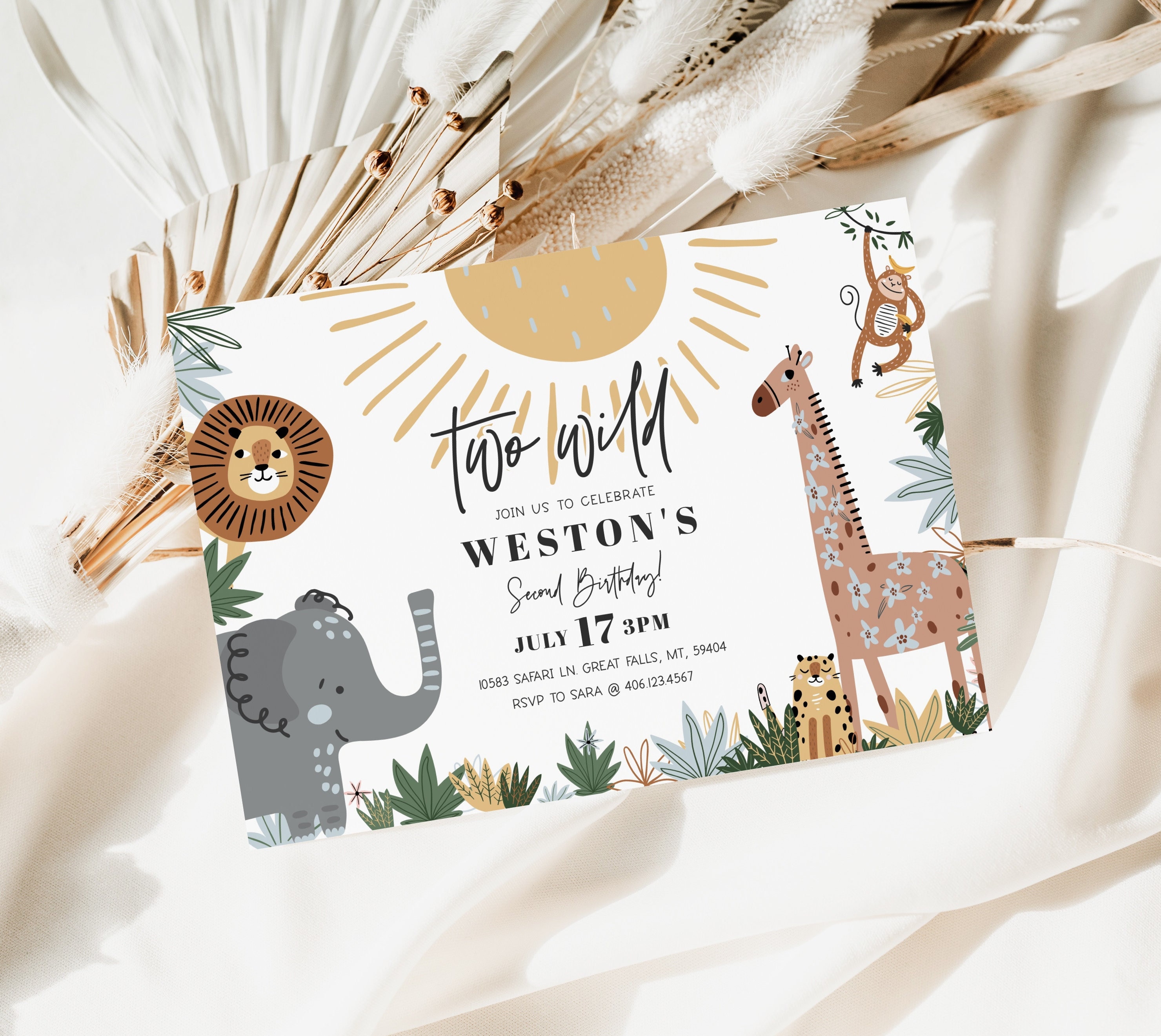 Two Wild Second Birthday Invitation Boy, Safari 2nd Birthday
