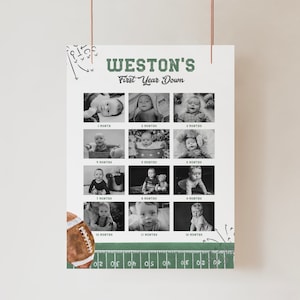 Letrero fotográfico mensual, etiquetas imprimibles para fotos mensuales del primer año, póster para fiesta de primer cumpleaños de niño con temática de fútbol a98