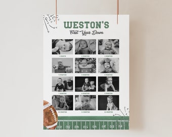 Monthly Photo Board Sign, First Year Picture Monthly Photos Tags Printable, First Birthday Boy Poster Party Football Sports Theme a98