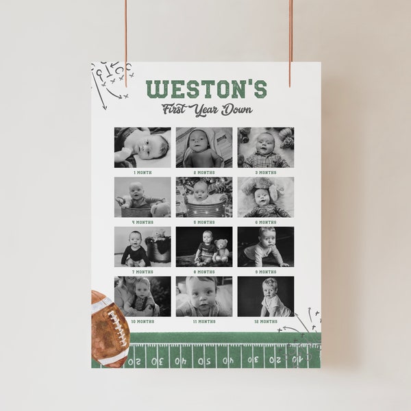 Monthly Photo Board Sign, First Year Picture Monthly Photos Tags Printable, First Birthday Boy Poster Party Football Sports Theme a98