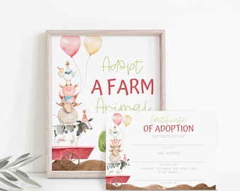 Adopt a Farm Animal Party Sign Printable, Barnyard Animal Adoption Certificate, Farm Birthday Decor Boy, Petting Zoo Party Sign, A25