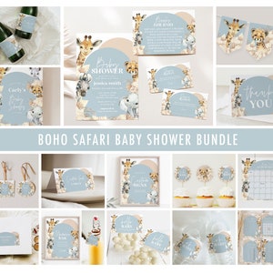 Boho Safari Baby Shower Printables Bundle, Blue Safari Baby Shower Invitation Bundle, Editable Safari Decor Printable Set, Baby Animals, A72