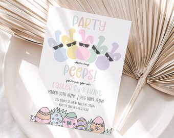 Easter Egg Hunt Invitation Printable Template, Pastel Peeps Invite, Party With My Peeps, Spring Instant Download, Canve File E01