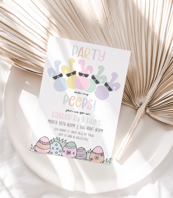 Easter Egg Hunt Invitation Printable Template, Pastel Peeps Invite, Party With My Peeps, Spring Instant Download, Canve File E01