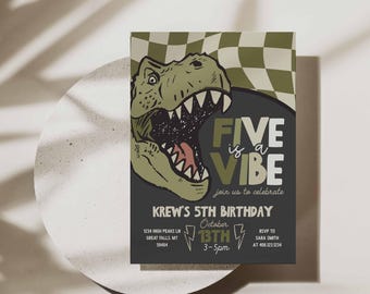 Five is a Vibe T-Rex Birthday Invitation Template, Editable Fifth Birthday Retro Checkered Dinosaur Invite, Edit in Canva, HPS804