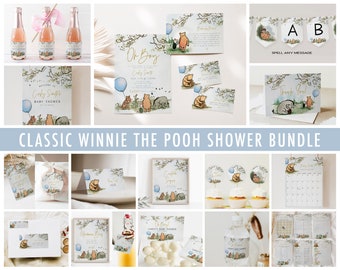 Classic Winnie The Pooh Baby Shower Invitation Bundle, Boy Baby Shower Decor Big Bundle Set Blue Balloon, Sometimes the Smallest Things,A70b