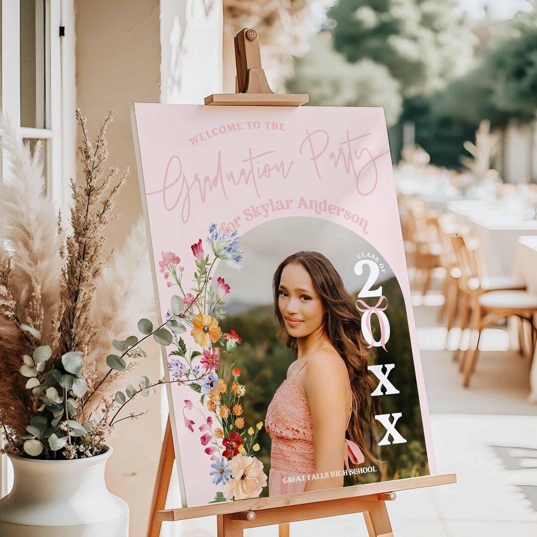 Hello April Graduation Colorful Spring Graduation Party Welcome Sign With Arched Photo, Floral ...