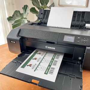 May include: A black Canon printer with a white paper tray. The printer is printing out a sheet of paper with green and white tickets that say "Weston" and "Admit One".