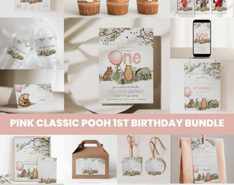Klassische Winnie The Pooh erster Geburtstag Bundle Printables, rosa großes Mädchen-Geburtstags-Dekor-Set, bearbeitbare digitale Corjl-Vorlagen, a70g