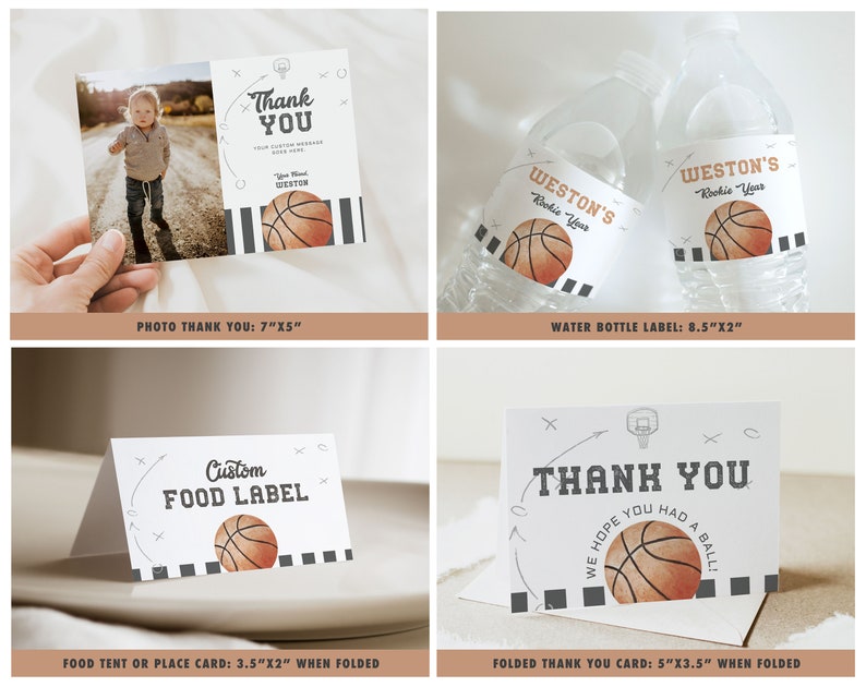 May include: Printable basketball-themed party printables, including a photo thank you card, water bottle labels, a food tent or place card, and a folded thank you card. The printables feature a basketball design with black and white stripes and the text "Thank You" and "Rookie Year".