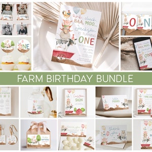Farm Birthday Invitation Bundle, Farm Animals Birthday Printable Set, First Birthday Red Barn, Oink Cluck Moo, Holy Cow I'm One,  a25