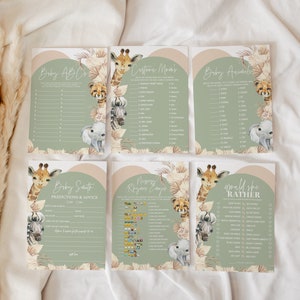 May include: A set of ten printable baby shower game cards featuring a green background with illustrations of giraffes, zebras, and elephants. The cards include games such as "Baby ABCs", "Cartoon Moms", "Baby Animals", "Baby Smith Predictions & Advice", "Passing the Rhyme Game", and "Would She Rather".