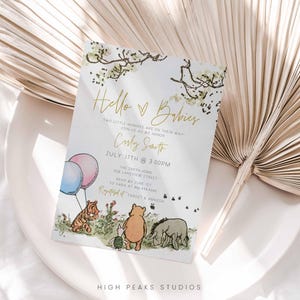 Twin Baby Shower Invitation Printable, Classic Winnie The Pooh Invitation for Twins Boy and Girl, Canva Editable Template, a70