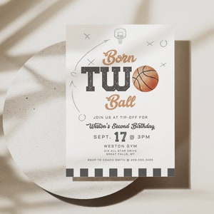 Born TWO Ball Second Birthday Invitation Printable, Basketball 2nd Birthday Invite,Vintage Basketball Party Canva Template Digital File a132
