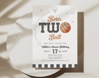 Born TWO Ball Second Birthday Invitation Printable, Basketball 2nd Birthday Invite,Vintage Basketball Party Canva Template Digital File a132