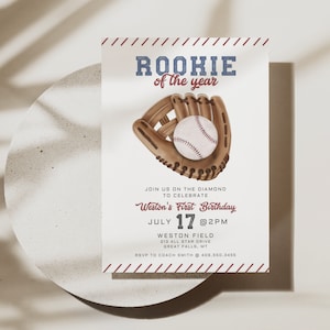 Baseball Party Einladung Druckvorlage, Rookie Des Jahres, Erster Geburtstagseinladung, Kleiner Slugger, Digitale Canva-Vorlage, a152