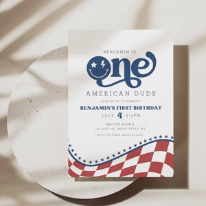 One American Dude First Birthday Invitation Printable, Retro Smiley Face 4th of July Party, Independence Day 1st Birthday Text Message,HPS30