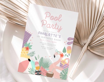 Editable Pool Party Invitation, Tropical Splish Splash Girly Pool Party Invite Summer Swimming Pool Splash Pad Party Instant Download a159