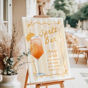 EDITIERBARE Aperol Spritz Bar Schild Groß, Aperol Spritz Signature Drink Hochzeit, Orange Brautdusche, Vintage Stripes Canva Vorlage, HPS603g