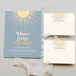 Boho Sun Time Capsule afdrukbare sjabloon, BEWERKBARE Sunshine eerste verjaardag, eerste reis rond de zon, retro Boho DIY digitale bestanden, a88