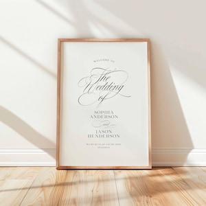 May include: A rectangular wedding welcome sign in a light wood frame featuring black text on a white background. The text reads: Welcome to The Wedding of Sophia Anderson and Jason Henderson. We're so glad you're here. 05.23.20XX.